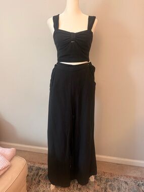 Black Wide-Leg Linen blend Crop Top & Pants Set - Women's Two-Piece